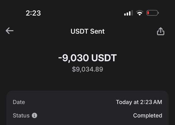 Cash-out of 9,030 USDT, completed